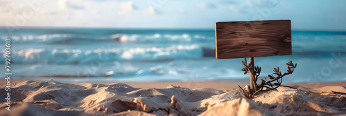 panneau en bois vierge planté dans du sable sur une plage avec la mer en fond