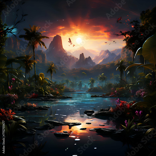 Fantasy landscape with palm trees and lake. 3D illustration. © Wazir Design