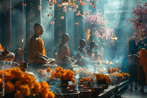Vesak holiday concept - a bustling temple with monks and laypeople offering flowers photo