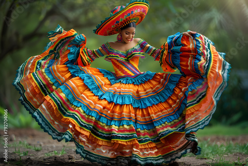 beautiful Mexican woman in a traditional dress dancing.