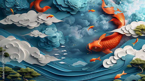 koi fish are swimming in the clouds. The fish are orange and white. The clouds are white and fluffy. The background is a light blue.