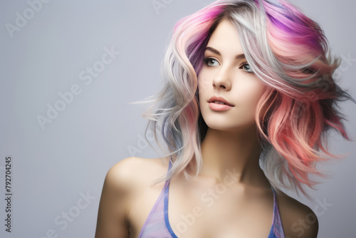Portrait of a young woman with a multicolored hairstyle on light background
