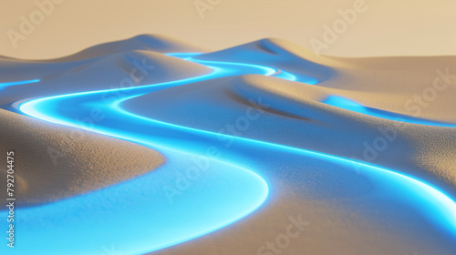 Neon blue pathways on a warm beige background, illustrating digital sandscapes. photo