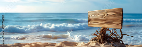 panneau en bois vierge planté dans du sable sur une plage avec la mer en fond photo