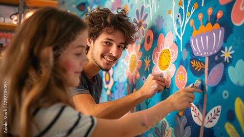A couple paints colorful and large flowers on an artistic and vibrant wall mural