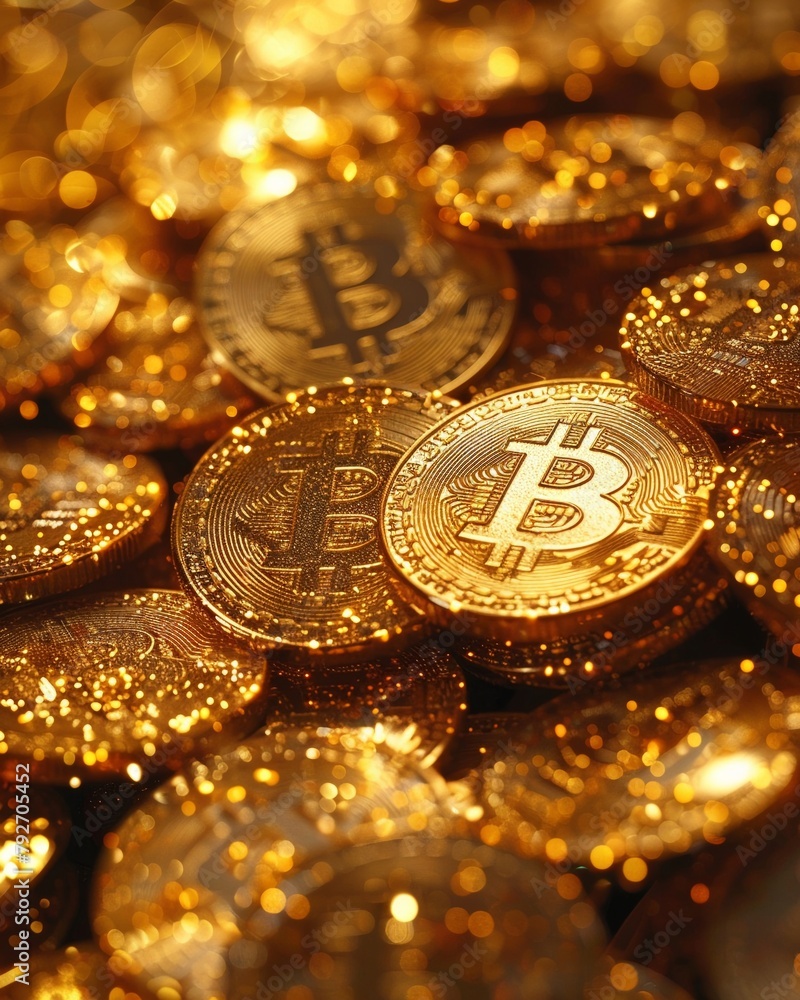 Gold coins with the bitcoin symbol scattered everywhere on a black background Gold coins with the bitcoin symbol scattered everywhere on a black background