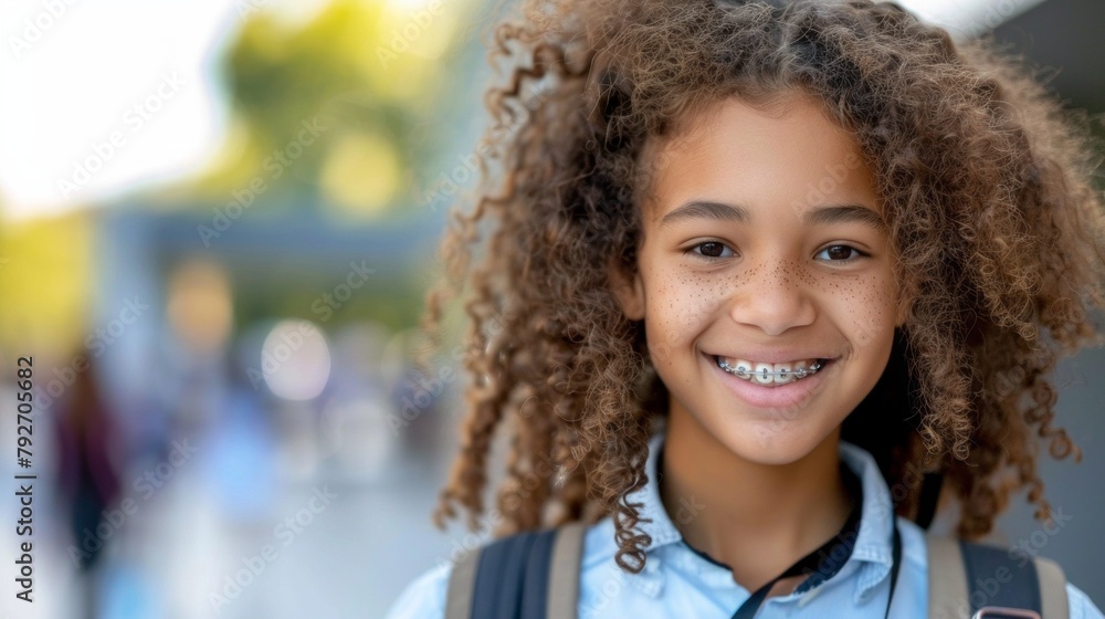 A close-up portrait of a schoolgirl, a multiethnic, two-racial girl with braces on her teeth, looking at the camera. The concept of education, Childhood, Studies A close-up portrait of a schoolgirl, a multiethnic, two-racial girl with braces on her teeth, looking at the camera. The concept of education, Childhood, Studies