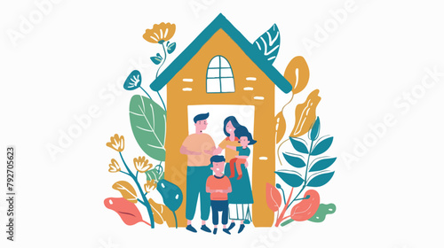 Family with children inside an abstract house. 