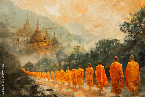 Vesak holiday concept - monks walking in procession as laypeople offer alms © anaumenko