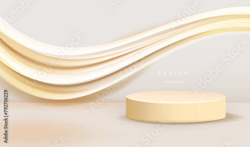 Geometric gold lines luxury wavy background. Golden cream podium platform for display cosmetic product in studio vector.
