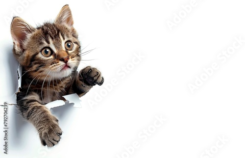 Cute kitten peeking out of the white background,, copy space for text © XC Stock