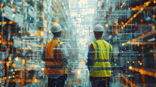 Two civil engineers wearing yellow vests and white helmets standing in a construction site with a digital building hologram in the style of double exposure photography and a motion blurred background