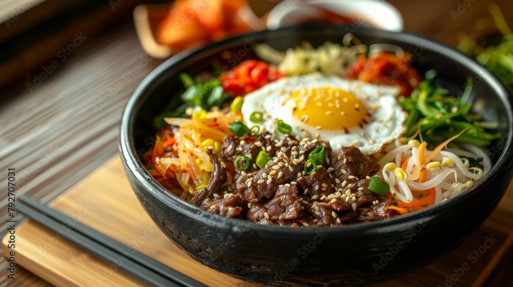 Artistic presentation of Bibimbap, highlighting its mix of vegetables, beef, and egg, enriched with gochujang sauce, on an isolated backdrop, studio lighting