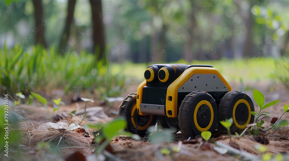 A robot designed for environmental surveillance maneuvers over forest terrain. Copy space.
