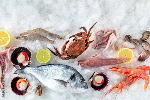 Seafood. Fresh fish and sea food on ice, overhead flat lay view. A background for a market or a restaurant menu, with copy space