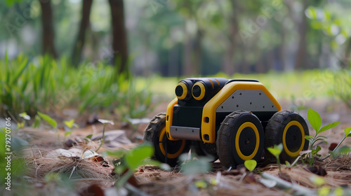 A robot designed for environmental surveillance maneuvers over forest terrain. Copy space. photo