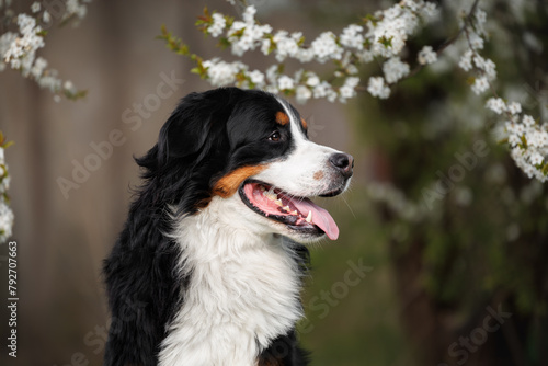 bernese mountain dog portrait outdoors under blooming cherry blossom branches