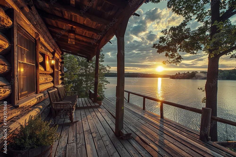A log cabin with wooden porch overlooking the lake at sunset, in rustic charm style