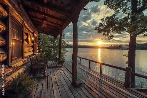 A log cabin with wooden porch overlooking the lake at sunset  in rustic charm style