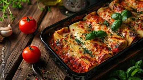 Appetizing top shot of cannelloni pasta, filled with a savory meat mixture, covered in tomato sauce, perfectly baked, isolated setup, studio lighting photo