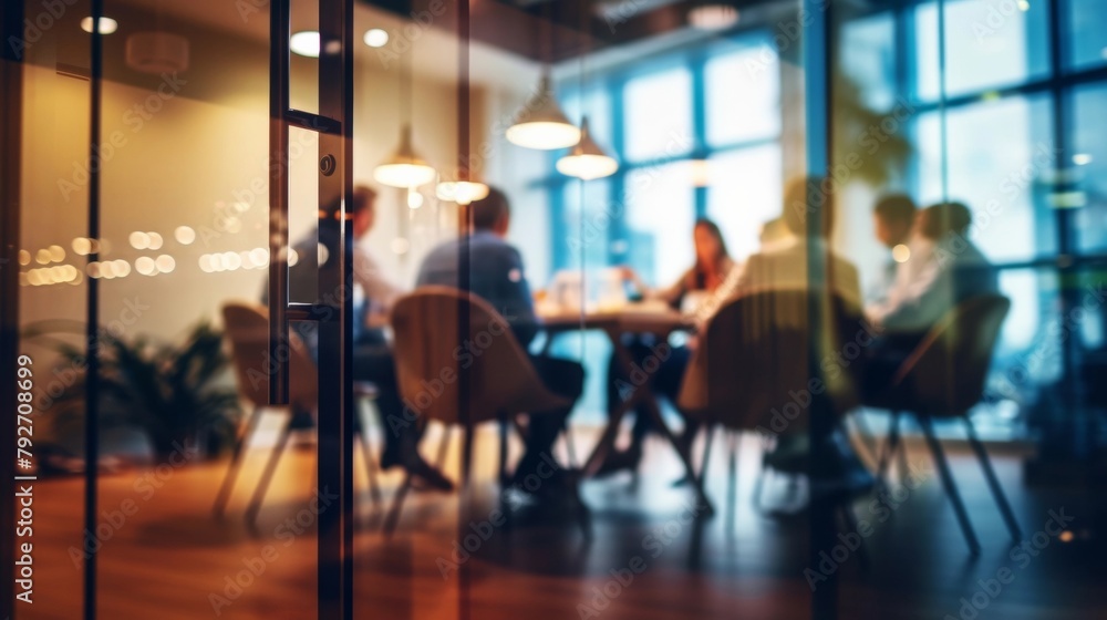 Business Team Engaged in Discussions Seen Through Blurry Glass Partition - Negotiation Techniques, Executive Leadership, Organizational Development, Management. Business Team Engaged in Discussions Seen Through Blurry Glass Partition - Negotiation Techniques, Executive Leadership, Organizational Development, Management.