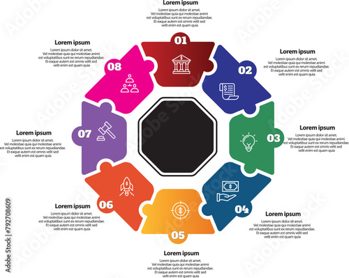 Collection of vector octagon circle chart infographic templates for presentations, advertising, layouts, annual reports. 8 options, steps, parts photo