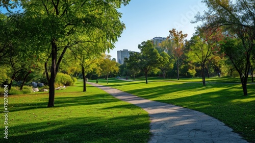 A city park with walking paths and green spaces. Copy Space. © Dennis