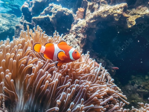 Sea anemone and clown fish in marine aquarium. Bright orange and white clown fish with thickets of anemones and corals