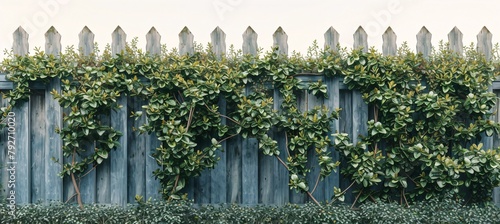 A once simple wooden fence becomes a canvas for nature's art, with vibrant ivy leaves intertwining and creating a living green barrier photo