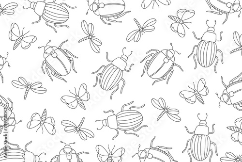 Insects line art coloring page. Mindful coloring activity. Stress relief coloring page. Bug, butterfly, dragonfly, and beetle vector illustration