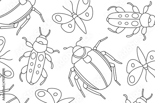 Insects line art coloring page. Mindful coloring activity. Stress relief coloring page. Bug and beetle vector illustration