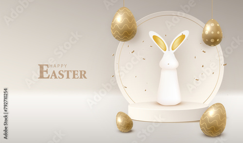 Happy Easter with display podium holiday background. Stage with gold eggs. Festive 3D composition with bunny ears. Studio with white backdrop. Modern creative vector illustration.
