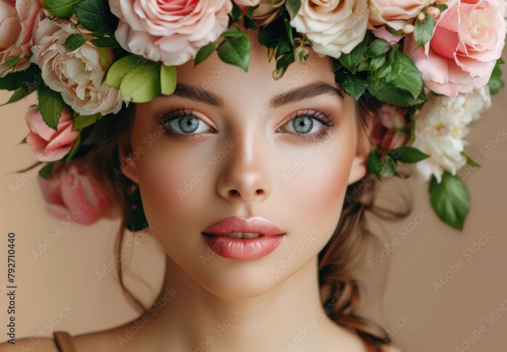 Fototapeta premium Enchanting Beauty Adorned with Roses - Elegant Fashion Portrait - Generative AI