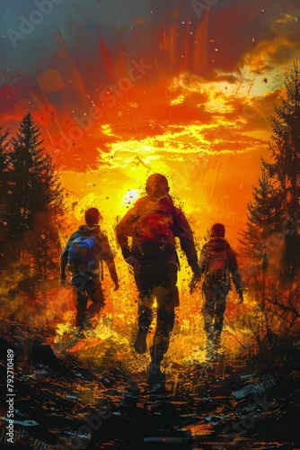 A group of people walking through a forest with fire in the background, AI