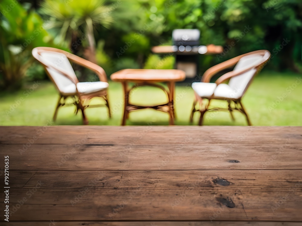 Empty wooden table on garden background, product display, copy space