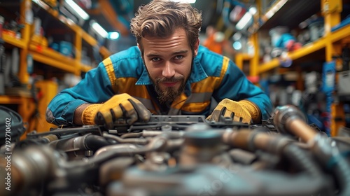 A technician using diagnostic equipment to identify issues with a car's engine in a well-equipped automotive service center garage