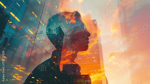 Double exposure of an man and the sightly skyscraper, sunset colors background. photo