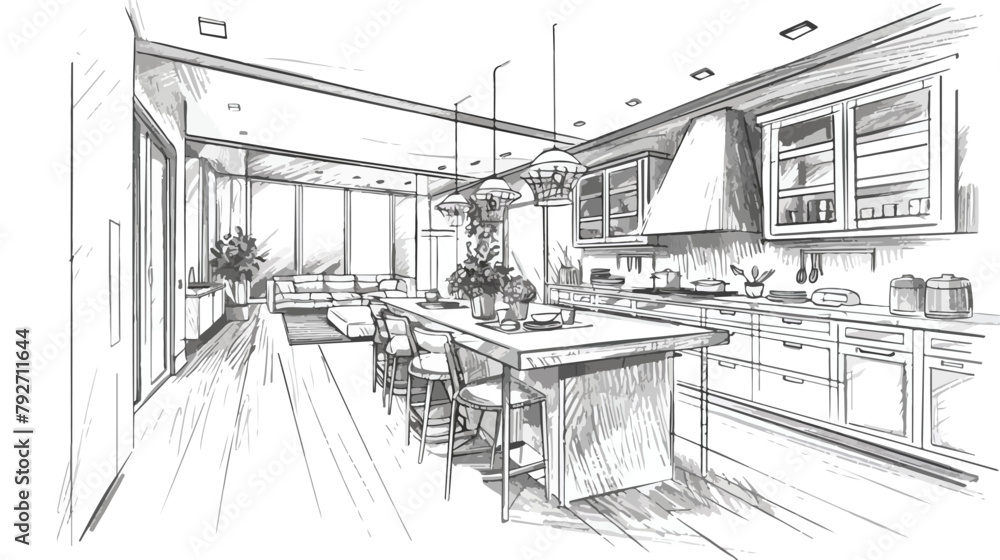 Freehand sketch of mansion or summer cottage interior