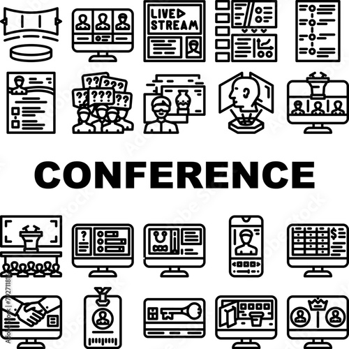 virtual conference event online icons set vector. quarantine digital, corporate technology, caller stage, video concert, live, meeting virtual conference event online black contour illustrations