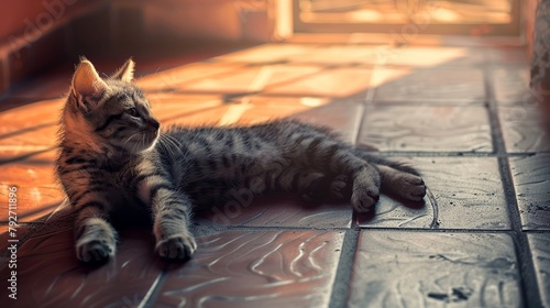 Gatto sdraiato su un pavimento di cotto photo