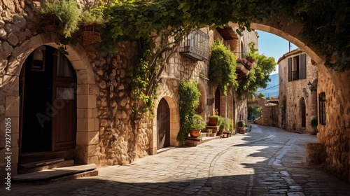 Cobbled street winding through a quaint village with historic stone buildings and blooming flowers