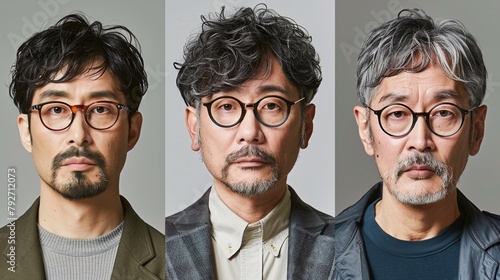 Tre giapponesi di mezza età fotografati in primo piano con occhiali e sguardo serio. photo