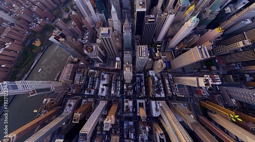 Veduta aerea della città, grattacieli e costruzioni urbane grigio azzurre. photo