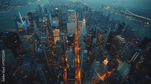 Grattacieli di New York, città vista in prospettiva dall'alto, atmosfera notturna.