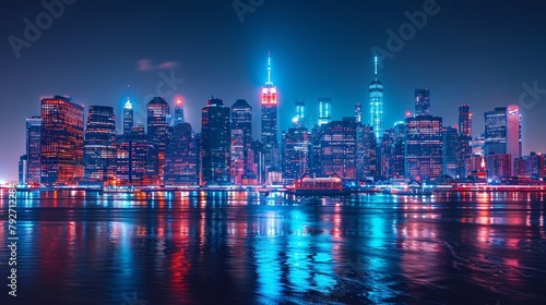 Città illuminata nella notte , che si specchia nelle acque del fiume. photo