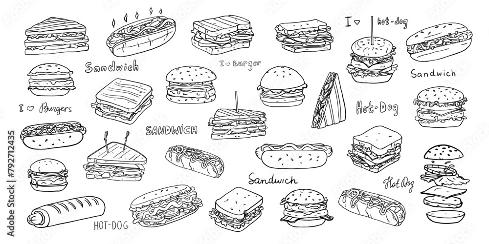 Large set of hot dogs, sandwiches, cheeseburgers, hamburgers in doodle style. French hot dog. Fast food. Great for menu design, banners, websites, packaging. Hand drawn