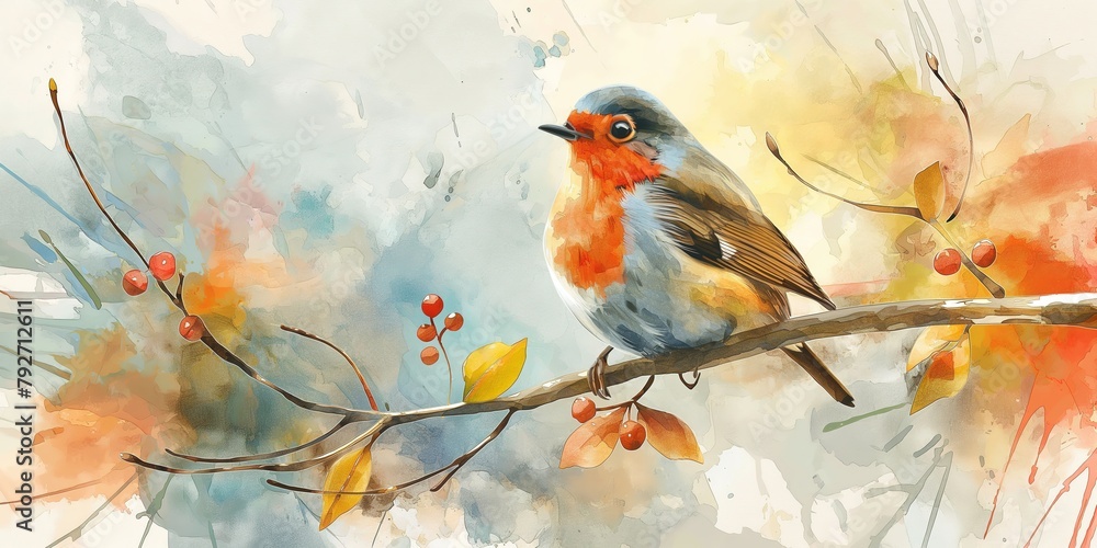 watercolor art illustration, cute song bird on blossom flower branch, Generative Ai	
