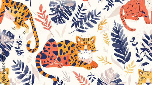 Funny feline with tropical plants seamless pattern. C