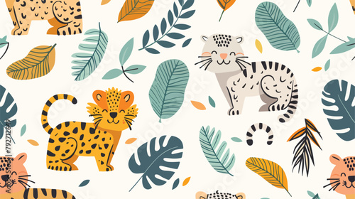 Funny feline with tropical plants seamless pattern. C