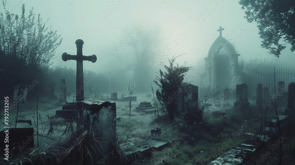A cemetery with a prominent cross standing in the center, surrounded by overgrown foliage and aged tombstones, mist A cemetery with a prominent cross standing in the center, surrounded by overgrown foliage and aged tombstones, mist